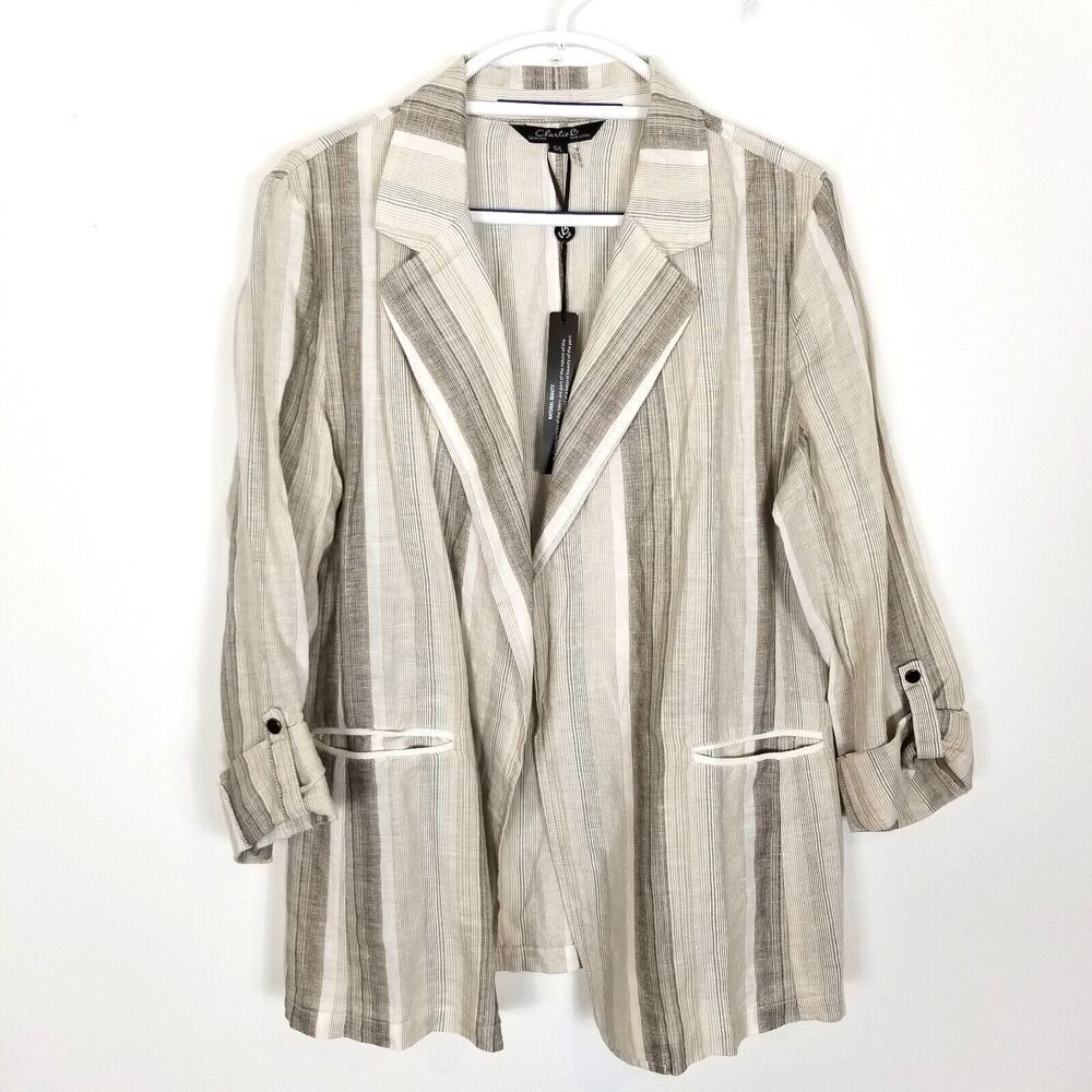 Charlie B women Linen Blend Blazer Jacket Sz L Striped Open Front Light Natural